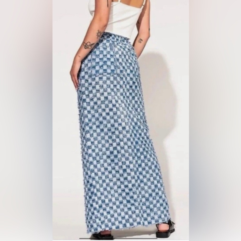 Blue Checkered Maxi Skirt with Side Slit - Picture 2 of 6